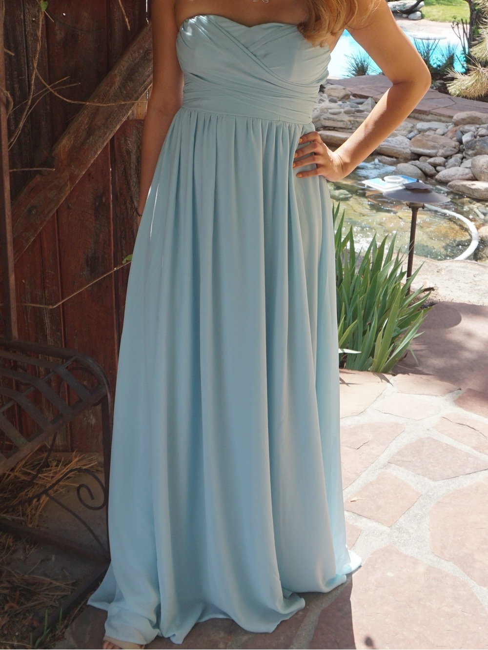 Lulu's Pale Blue Strapless Chiffon Maxi Dress